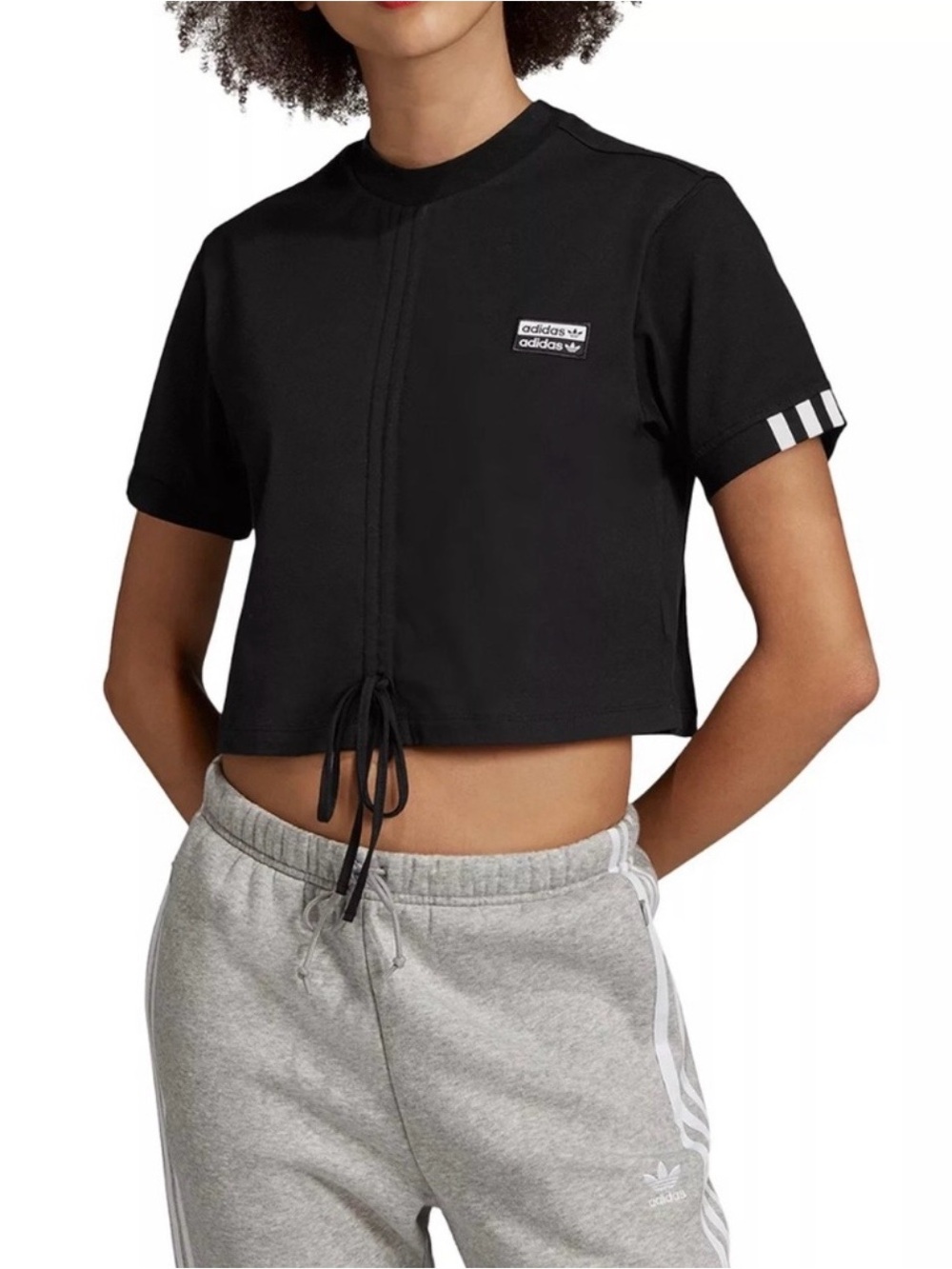 adidas Black Cropped Drawstring Tee with Three-Stripe Sleeve Detail
